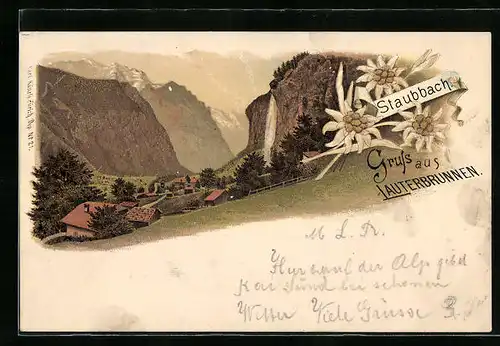 Lithographie Lauterbrunnen, Ortsansicht mit Bergen