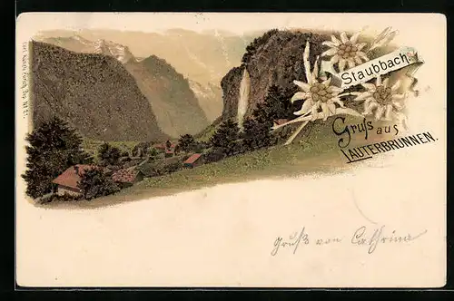 Lithographie Lauterbrunnen, Ortsansicht mit Bergen