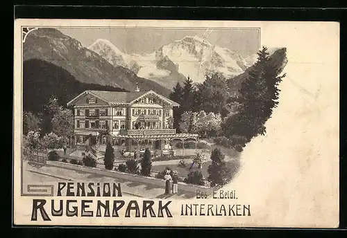 Lithographie Interlaken, Pension Rugenpark, Bes.: E. Beldi