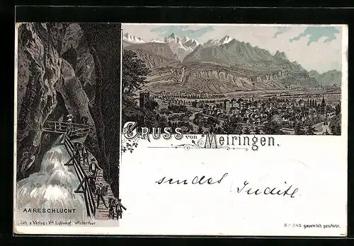 Lithographie Meiringen, Ortsansicht aus der Vogelschau und Aareschlucht