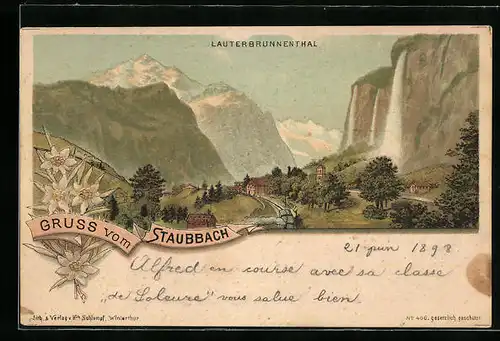 Lithographie Staubbach, Blick ins Lauterbrunnental