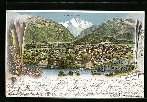 Lithographie Interlaken, Generalansicht aus der Vogelschau