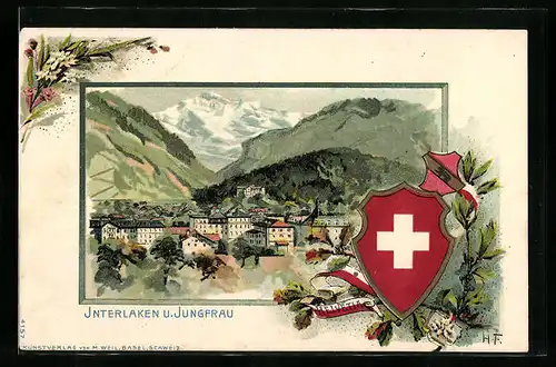 Passepartout-Lithographie Interlaken, Totalansicht mit Jungfrau, Wappen