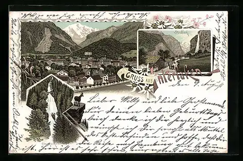Lithographie Interlaken, Panorama, Staubbach und Giessbach