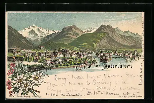 Lithographie Interlaken, Totalansicht mit Alpenlandschaft