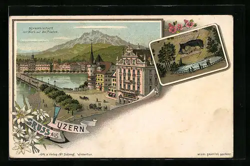 Lithographie Luzern, Hotel am Cyone am Schwanenplatz, Löwendenkmal