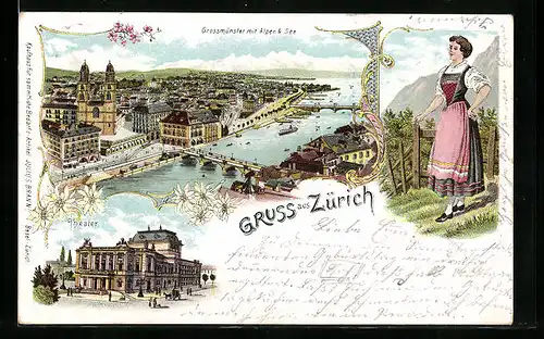 Lithographie Zürich, Gossmünster mit Alpen & See, Theater, Alpenländerin in Tracht