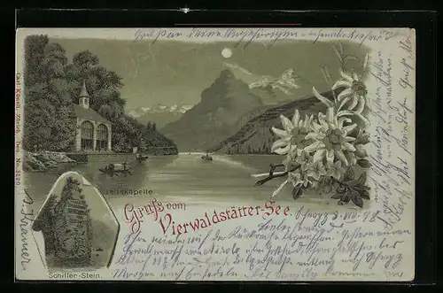 Mondschein-Lithographie Vierwaldstättersee, Seeblick mit Tellskapelle, Schillerstein