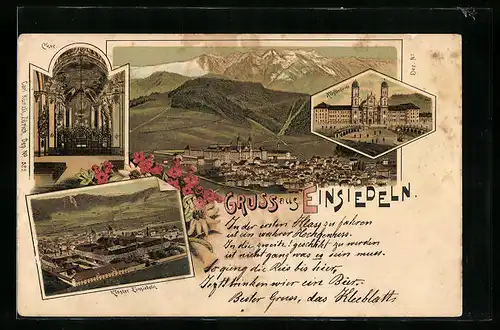 Lithographie Einsiedeln, Kloster mit Klosterkirche und Chor, Gesamtansicht