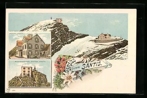 Lithographie Säntis, Gasthof Säntis und Meteorologische Station