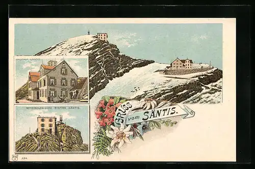 Lithographie Säntis, Gasthof Säntis und Meteorologische Station