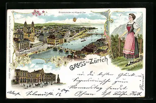 Lithographie Zürich, Grossmünster mit Alpen & See, Bahnhof und Tracht