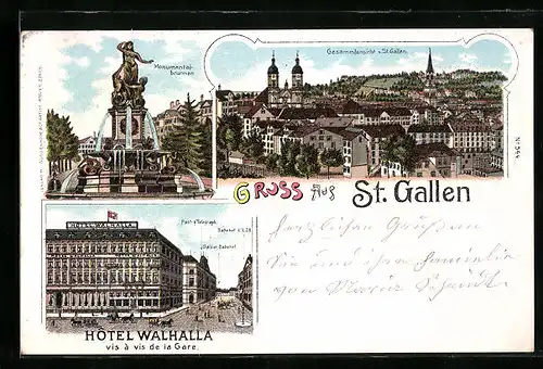 Lithographie St. Gallen, Monumentalbrunne, Gesamtansicht, Hotel Walhalla