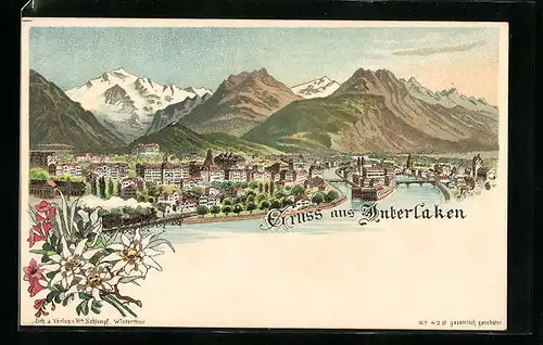 Lithographie Interlaken, Gesamtansicht aus der Vogelschau