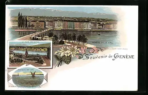 Lithographie Genève, La Place des Alpes, Barque du Lac, Genève et le Jura