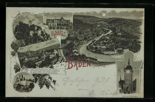 Mondschein-Lithographie Baden, Casino, Schloss Stein, Schartenfeld, Gefängnisturm