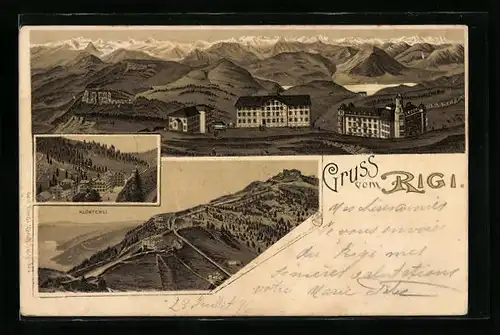 Lithographie Rigi, Berghotels und Klösterli aus der Vogelschau