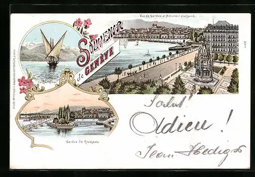Lithographie Genève, Barque du Lac Léman, Vue de Genève et Monument Brunswick, Ile Rousseau