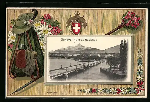 Passepartout-Lithographie Genève, Pont du Montblanc, Wappen