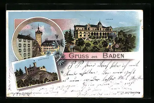 Lithographie Baden, Gefängnisturm, Kurhaus und Schartenfels
