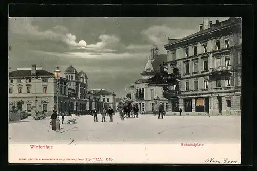 Mondschein-AK Winterthur, Strassenpartie am Bahnhofplatz