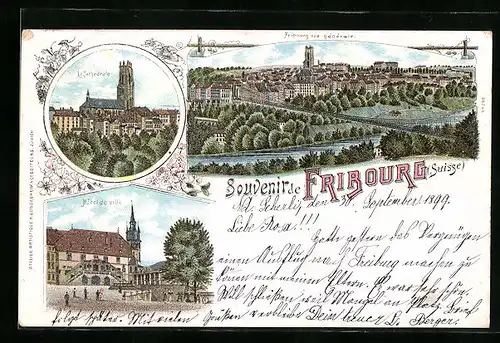Lithographie Fribourg, La Cathédrale, Hôtel de Ville, Vue Générale