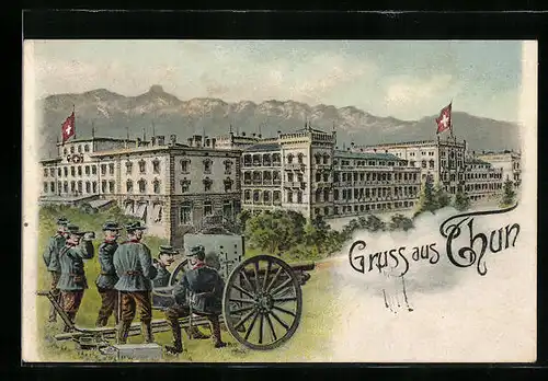 Lithographie Thun, Ansicht der Kaserne mit einem Geschütz