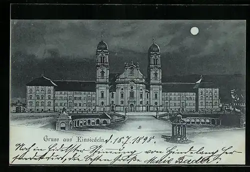 Mondschein-AK Einsiedeln, Blick auf das Kloster