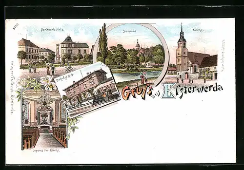 Lithographie Elsterwerda, Bahnhof, Denkmalsplatz, Seminar