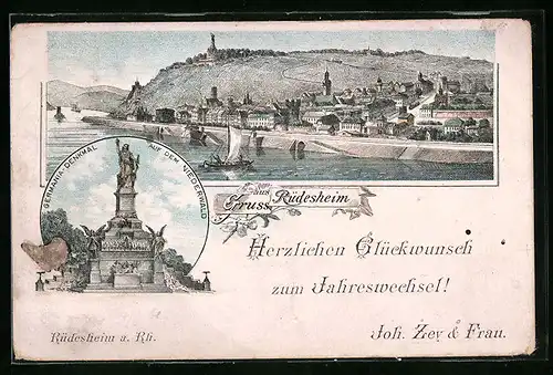 Vorläufer-Lithographie Rüdesheim a. Rh., 1893, Ortsansicht, Germania Denkmal auf dem Niederwald