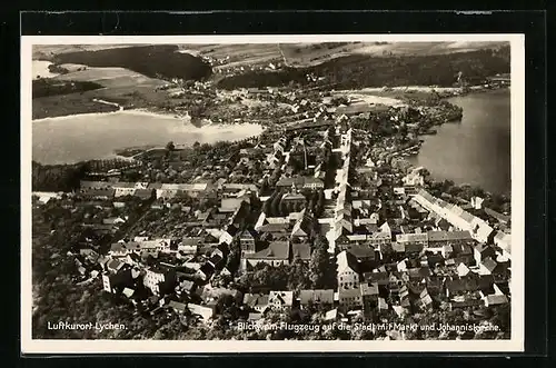 AK Lychen, Blick vom Flugzeug aus auf die Stadt mit Markt und Johanniskirche