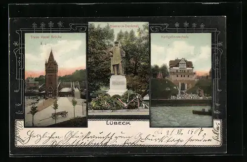 AK Lübeck, Trave Kanal Brücke, Bismarck-Denkmal und Navigationsschule