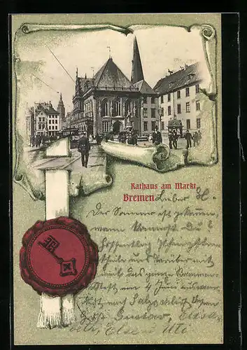 Passepartout-AK Bremen, Rathaus am Markt, Siegel der Stadt