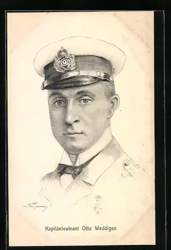 Künstler-AK Portrait des Kapitänleutnanten Otto Weddigen, dem Kommandanten des U-Bootes U9