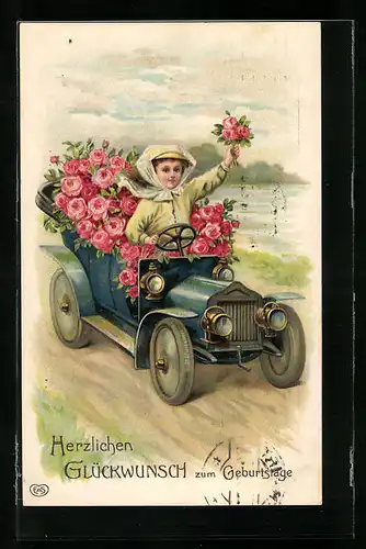 Präge-AK Automobil mit Rosen gefüllt