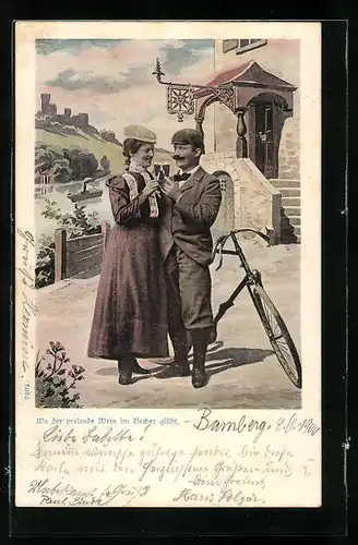 AK Bürgerliches Paar auf einer Fahrradtour macht eine kleine Pause