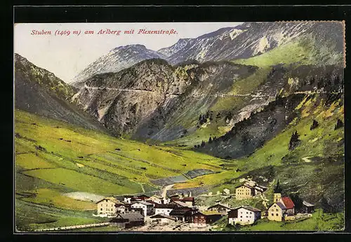 AK Stuben am Arlberg, Teilansicht mit Flexenstrasse