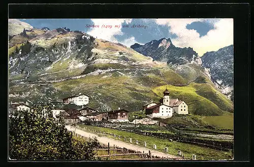 AK Stuben am Arlberg, Ortspartie mit Kirche