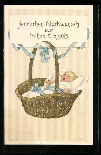 Künstler-AK Herzlichen Glückwunsch zum frohen Ereignis, Neugeborenes