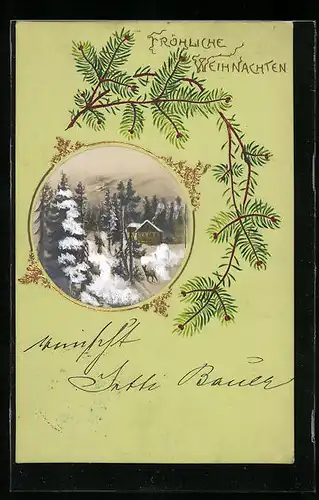 Künstler-AK Verschneite Winterlandschaft mit Tannenzweigen