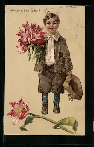 Künstler-AK Junge mit Blumen zu Pfingsten