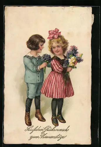 Künstler-AK Mädchen mit Blumen zum Namenstag