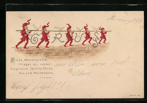 Lithographie Zwerge mit Wandergrüssen