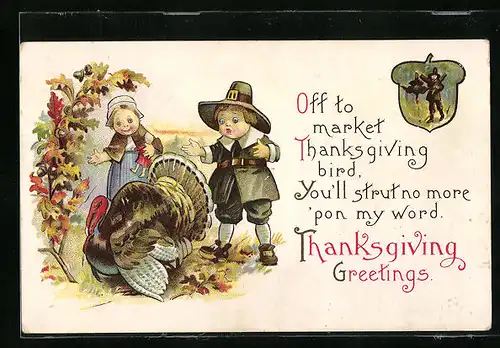 Präge-AK Kinder mit Truthahn, Thanksgiving Greetings