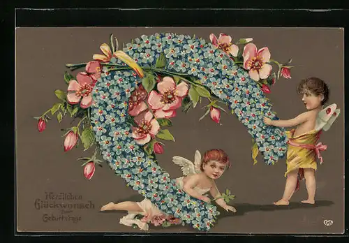 Präge-AK Kleine Feen mit Hufeisen zum Geburtstag