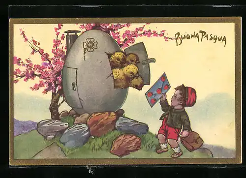 Künstler-AK Osterküken im Ostereier-Haus