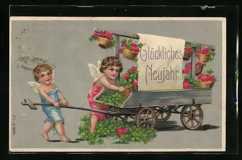 Präge-AK Neujahrsengel mit Kleeblatt-Wagen