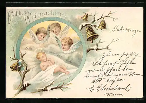 Lithographie Weihnachtsengel mit schlafendem Jesuskind