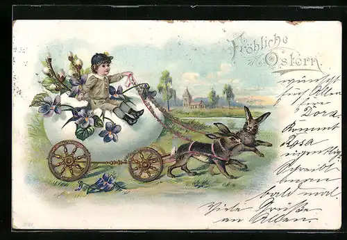 Lithographie Osterhasen mit Osterei und Glitzer