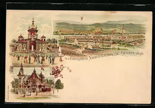 Lithographie Genève, Exposition National Suisse 1896, Gesamtansicht mit Ballon